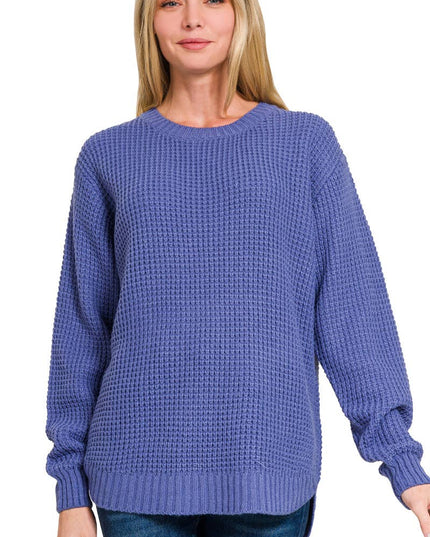Hi Low Long Sleeve Round Neck Waffle Sweater Zenana