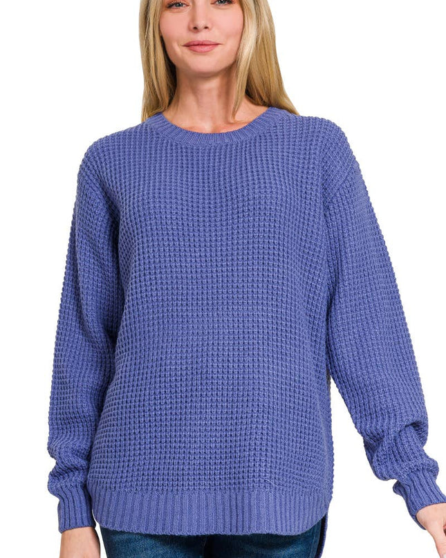 Hi Low Long Sleeve Round Neck Waffle Sweater Zenana