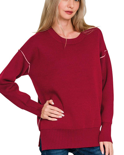 0805 Round Neck Contrast Trim Sweater SI-28343 Zenana