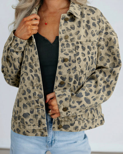 Khaki Retro Leopard Print Seam Detail Button Down Denim Jacket