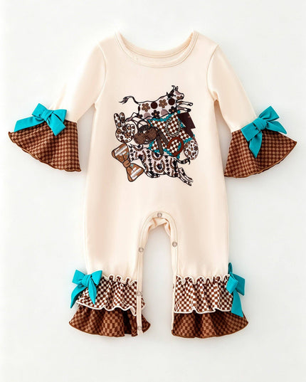 Cream western printed baby romper with bell sleeves and snaps. RPG65077 SOL