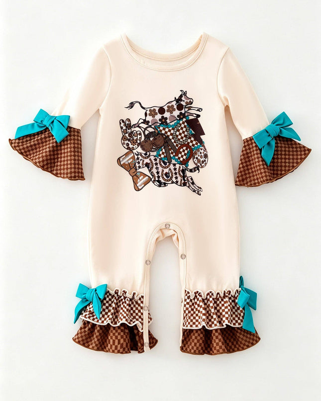 Cream western printed baby romper with bell sleeves and snaps. RPG65077 SOL