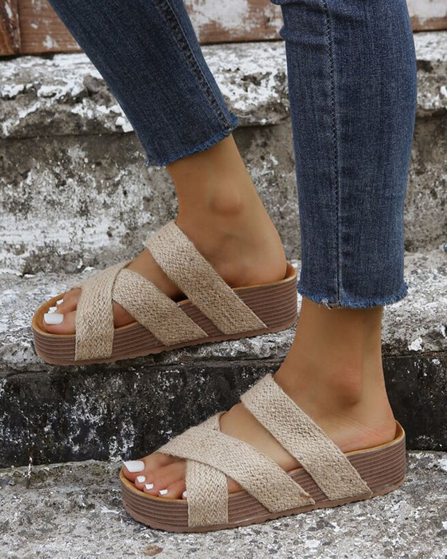 Beige Woven Cross Criss Hollowed Slip-On Slippers