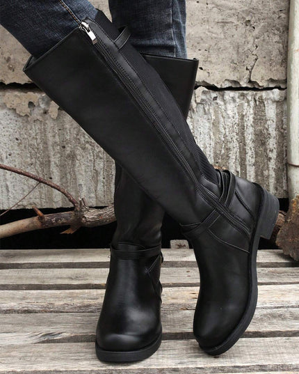 Black Side Zipper Knee High Chunky Low Heel Boots