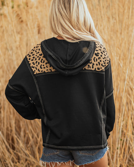 Brown Leopard Patchwork Contrast Stitching Knotted Cuff Quarter Zip Hoodie