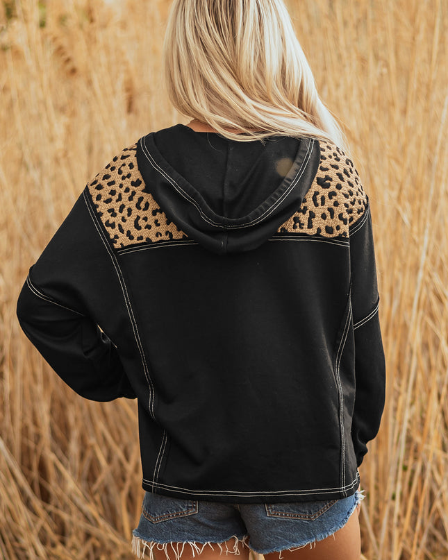 Brown Leopard Patchwork Contrast Stitching Knotted Cuff Quarter Zip Hoodie