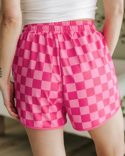 Black Checkered Drawstring Elastic Waist Casual Shorts
