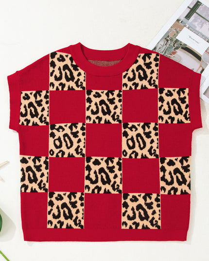 Red Leopard Checkerboard Short Sleeve Knit Sweater