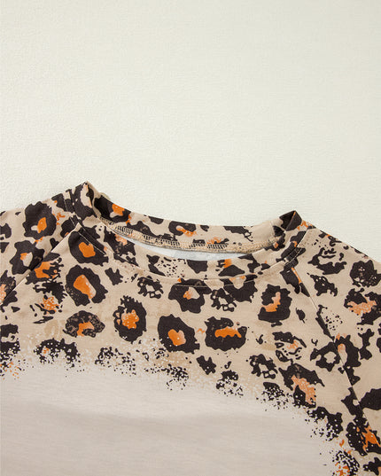 Brown Leopard Bleached Raglan Sleeve Pullover Sweatshirt