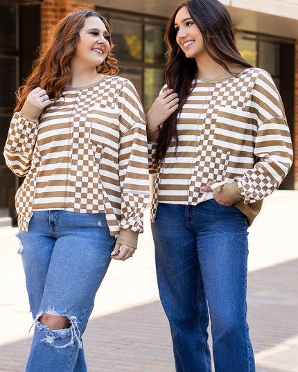Khaki Striped Checkered Mixed Print Chest Pocket Casual Plus Size Top