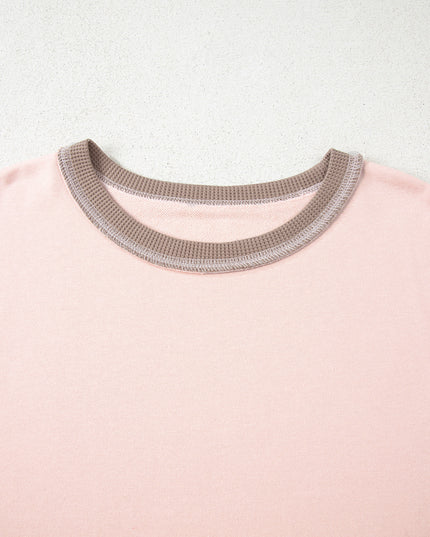 Light Pink Plus Color Block Waffle Patchwork Exposed Seam Baggy Sweatshirt
