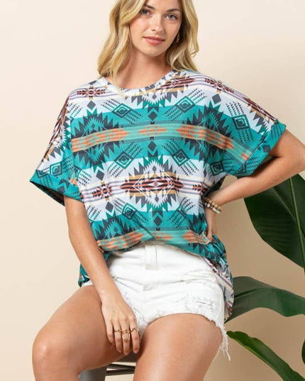 AT1291-MARTHA AZTEC PRINT FOLDED SLEEVE THERMAL TOP