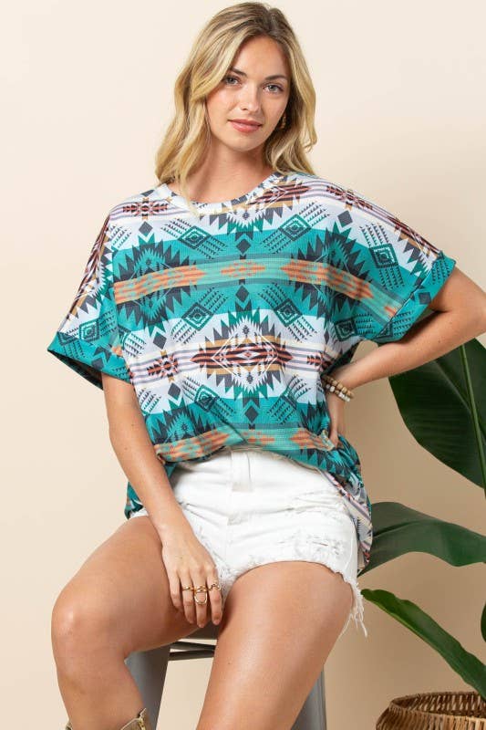 AT1291-MARTHA AZTEC PRINT FOLDED SLEEVE THERMAL TOP