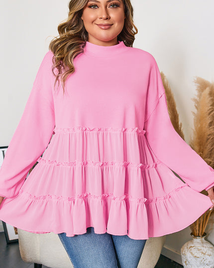 Pink Tiered Ruffle Ribbed Crew Neck Pullover Plus Size Top