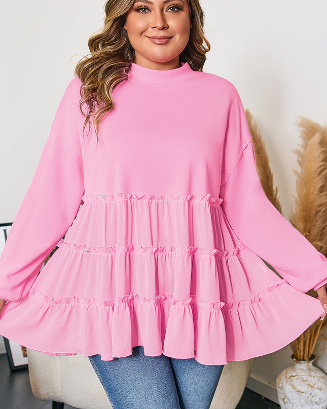 Pink Tiered Ruffle Ribbed Crew Neck Pullover Plus Size Top