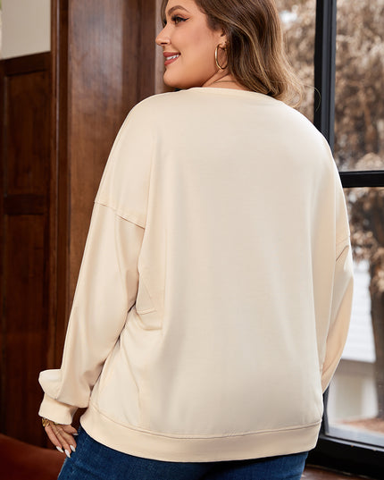 Beige Flower Patched Mineral Wash Round Neck Plus Size Top