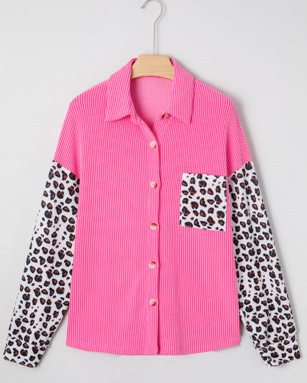 Rose Red Leopard Patched Twisted Ribbed Western Casual Shacket