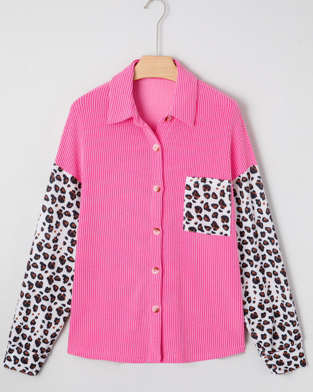 Rose Red Leopard Patched Twisted Ribbed Western Casual Shacket