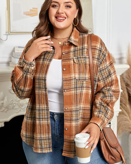 Brown Plaid Print Flap Pocket Buttoned Plus Size Shacket