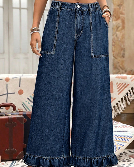 Ashleigh Blue Plus Size Elastic Waist Ruffled Wide Leg Denim Pants