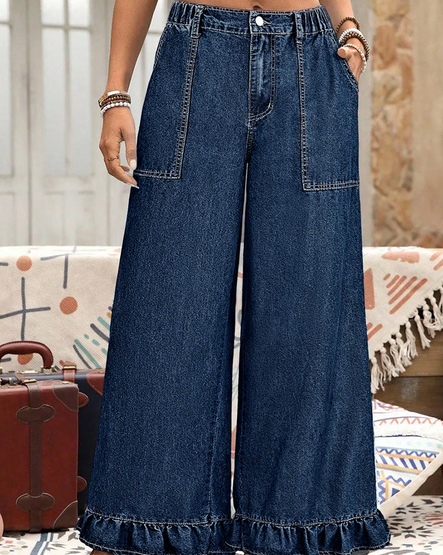 Ashleigh Blue Plus Size Elastic Waist Ruffled Wide Leg Denim Pants