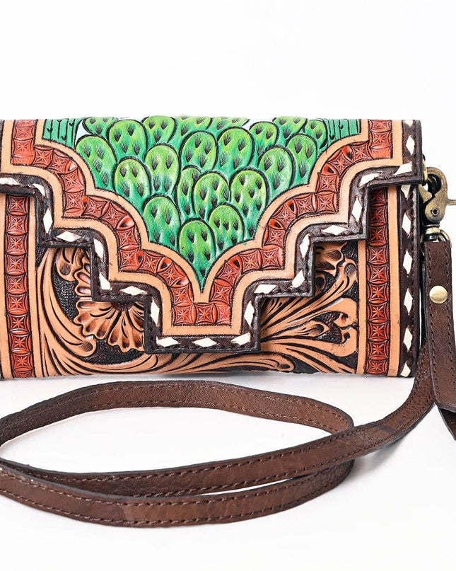 ADBGA393 Tooled Leather Wallet Bag with Turquoise Stud Trim & Floral Design