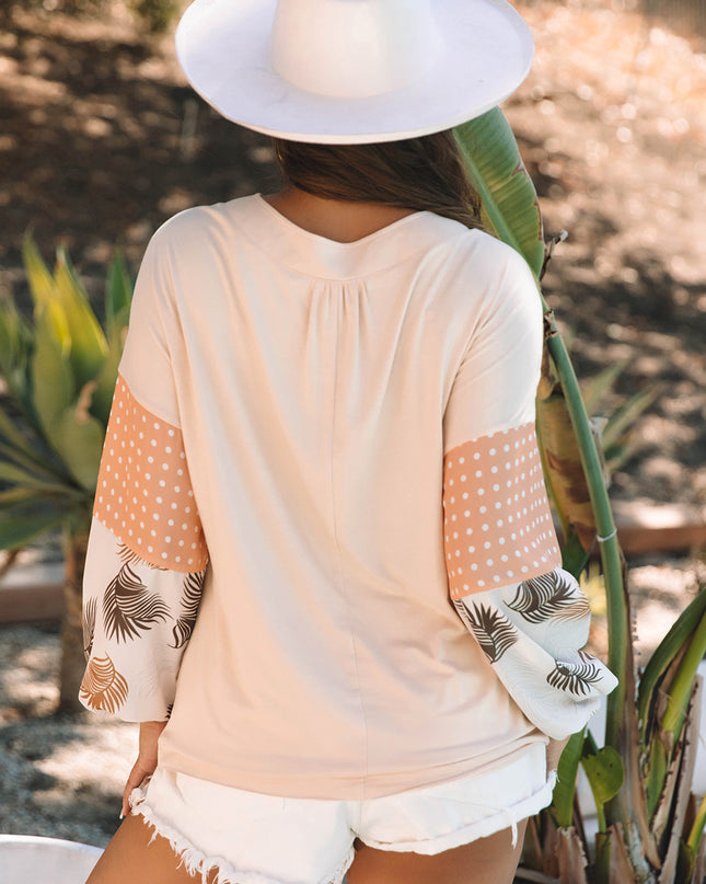 Jet Stream Palm Leaves Polka Dot Puff Sleeve Patchwork V Neck Loose Blouse
