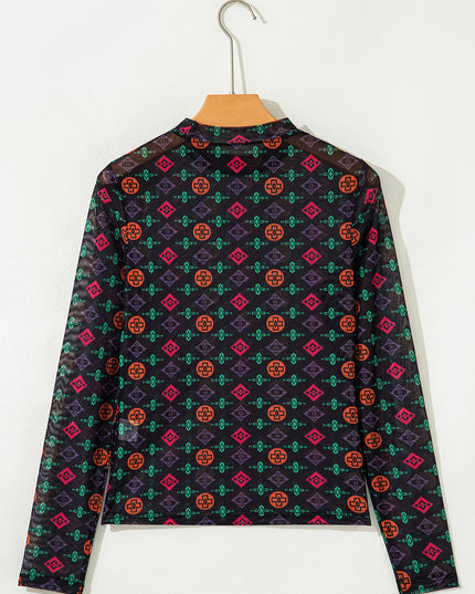 Black Western Aztec Printed Long Sleeve Mesh Top