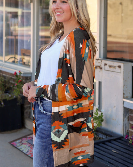 Orange Western Tribal Aztec Print Cardigan