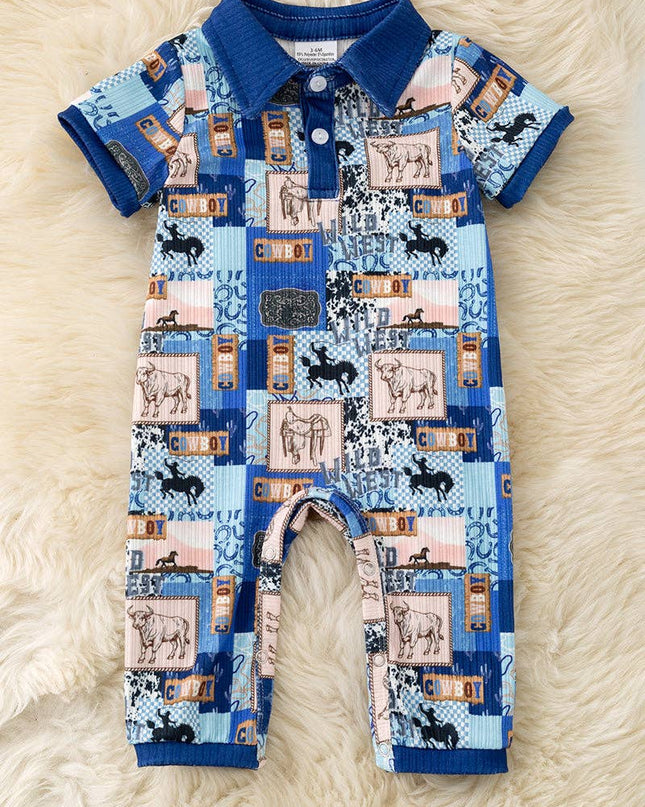 Royal blue trim/Cowboy multi-printed baby jumpsuit with snaps. RPB60322 JEAN