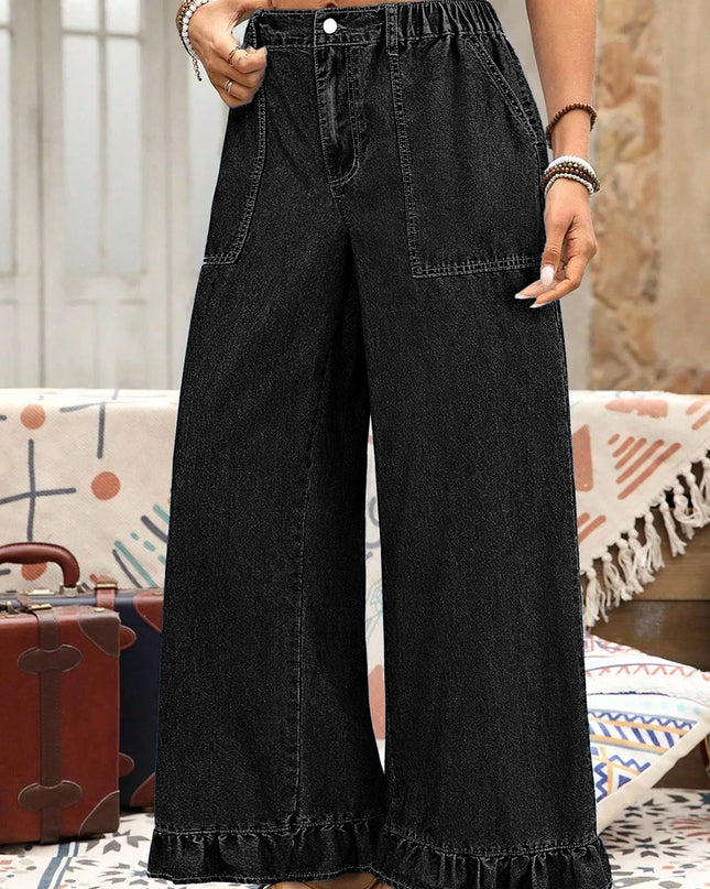 Ashleigh Blue Plus Size Elastic Waist Ruffled Wide Leg Denim Pants