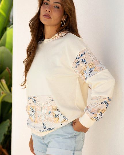Beige Western Geo Pattern Patchwork Hoodie with Kangaroo Pocket