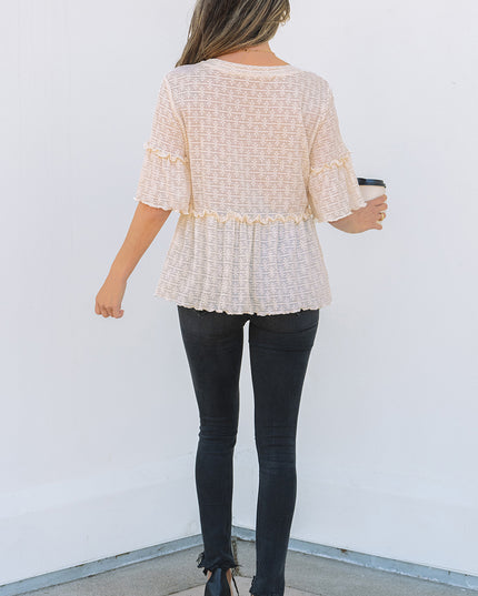 Beige Solid Color Textured Ruffled Short Sleeve Blouse