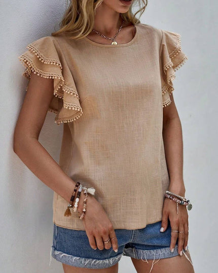 Crewneck Loose Lace Ruffle Short-Sleeved T-Shirt Top
