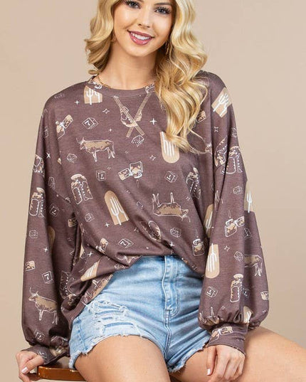 AV1171-CAROL WESTERN PRINT LONG SLEEVE SWEATSHIRT