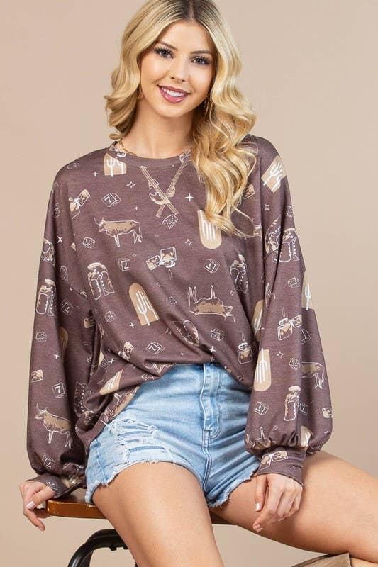 AV1171-CAROL WESTERN PRINT LONG SLEEVE SWEATSHIRT
