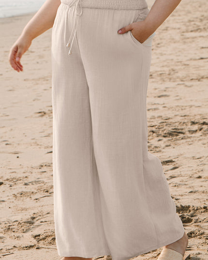 Beige Smocked High Waist Wide Leg Plus Size Pants
