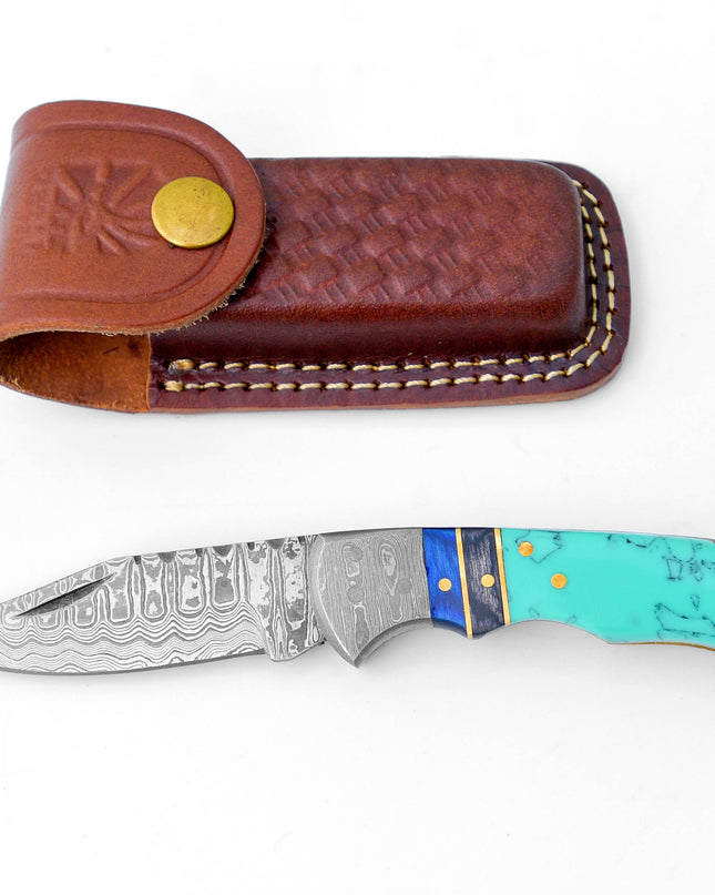Damascus steel pocket knife Limited Run Turquoise Resin TF-059
