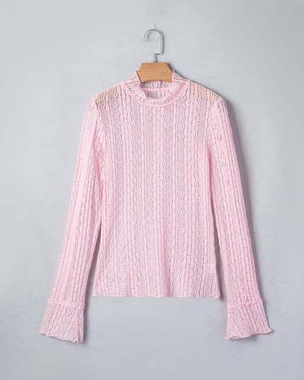 Light Pink Flounced Long Sleeve Mock Neck Sheer Lace Top