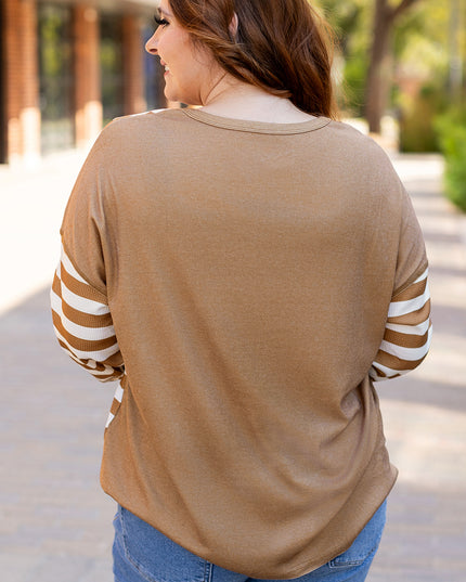Khaki Striped Checkered Mixed Print Chest Pocket Casual Plus Size Top