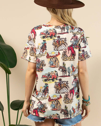 AV1205-JUDY VINTAGE WESTERN PRINT SHORT SLEEVE T-SHIRT