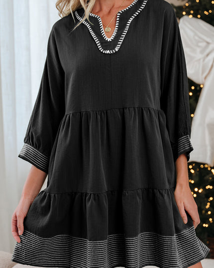 Black Contrast Stitched V Neck 3/4 Sleeve Tiered Mini Dress