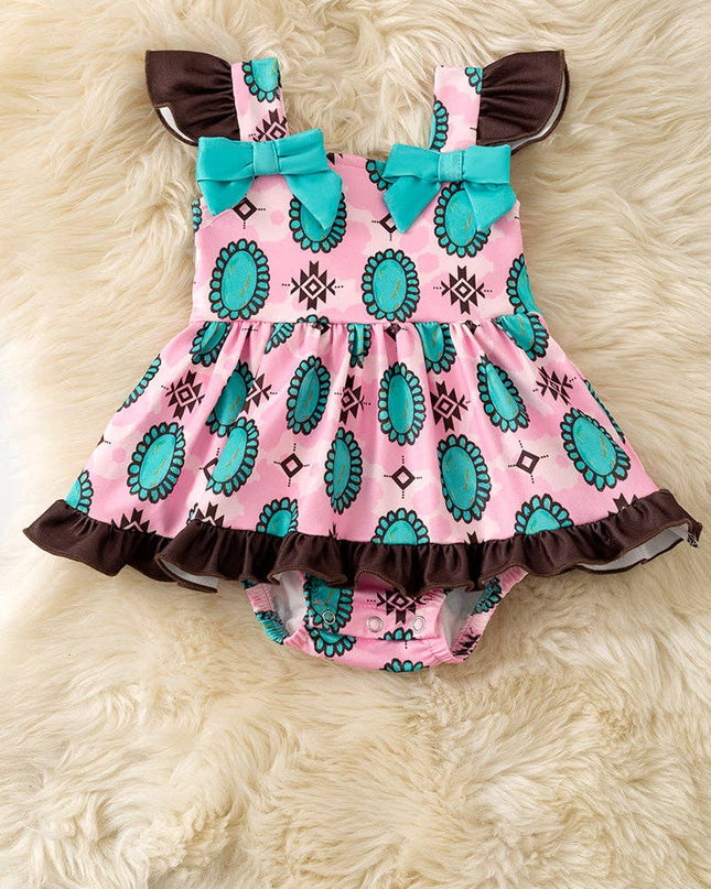 Aztec & concho printed on pink baby bodysuit. RPG60876 JEAN