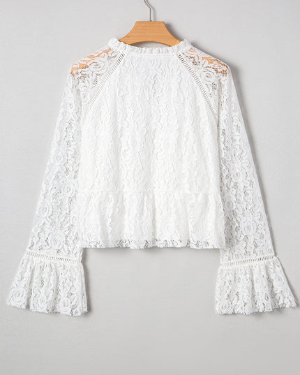 White Tie V Neck Lace Ruffle Detail Long Sleeve Blouse