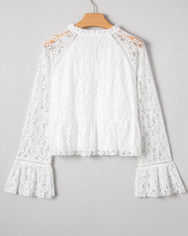 White Tie V Neck Lace Ruffle Detail Long Sleeve Blouse