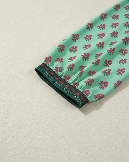 Green Plus Size Floral Print Contrast Trim V Neck Bracelet Sleeve Blouse