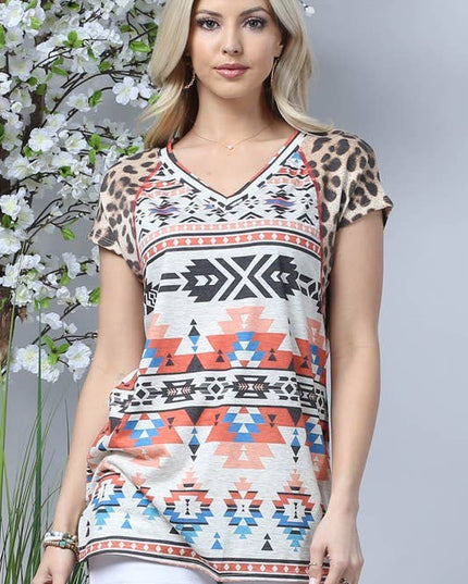 AV1118-THEA AZTEC LEOPARD PRINT SHORT SLEEVE TOP