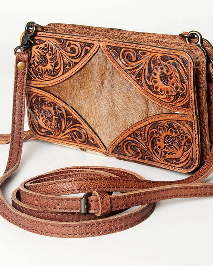 LC-ADBG805 Hand-Tooled Western Leather Hair-On Hide Wallet Crossbody Bag American Darling