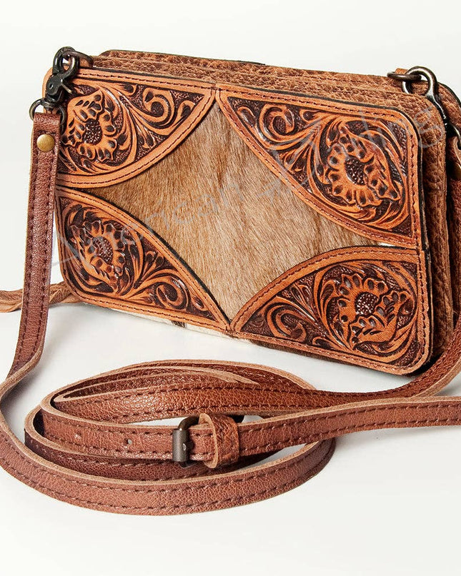 LC-ADBG805 Hand-Tooled Western Leather Hair-On Hide Wallet Crossbody Bag American Darling