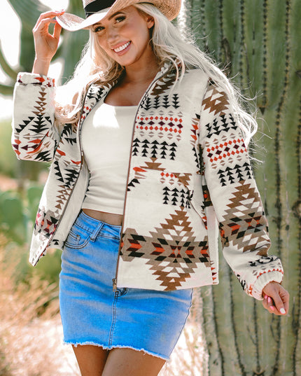 Beige Aztec Printed Stand Neck Zip Up Jacket